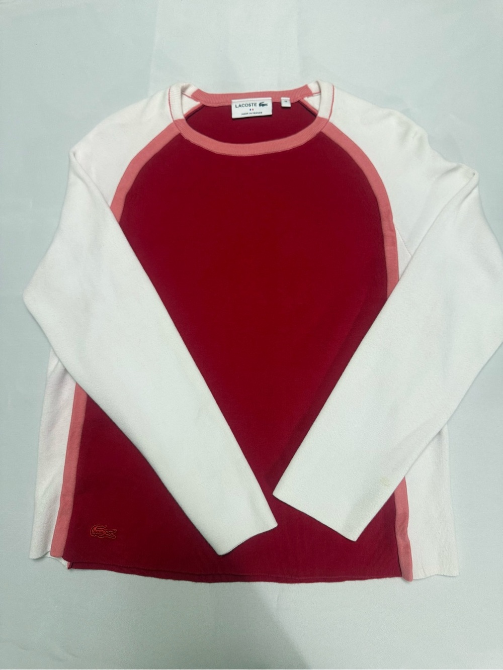 Lacoste Women’s Crimson, White & Pink Crewneck Colorblock Sweater